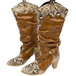 YOUTHJUNE Brown & Gray Snake Embossed Strappy Knee High Cowboy Boots Women's 9